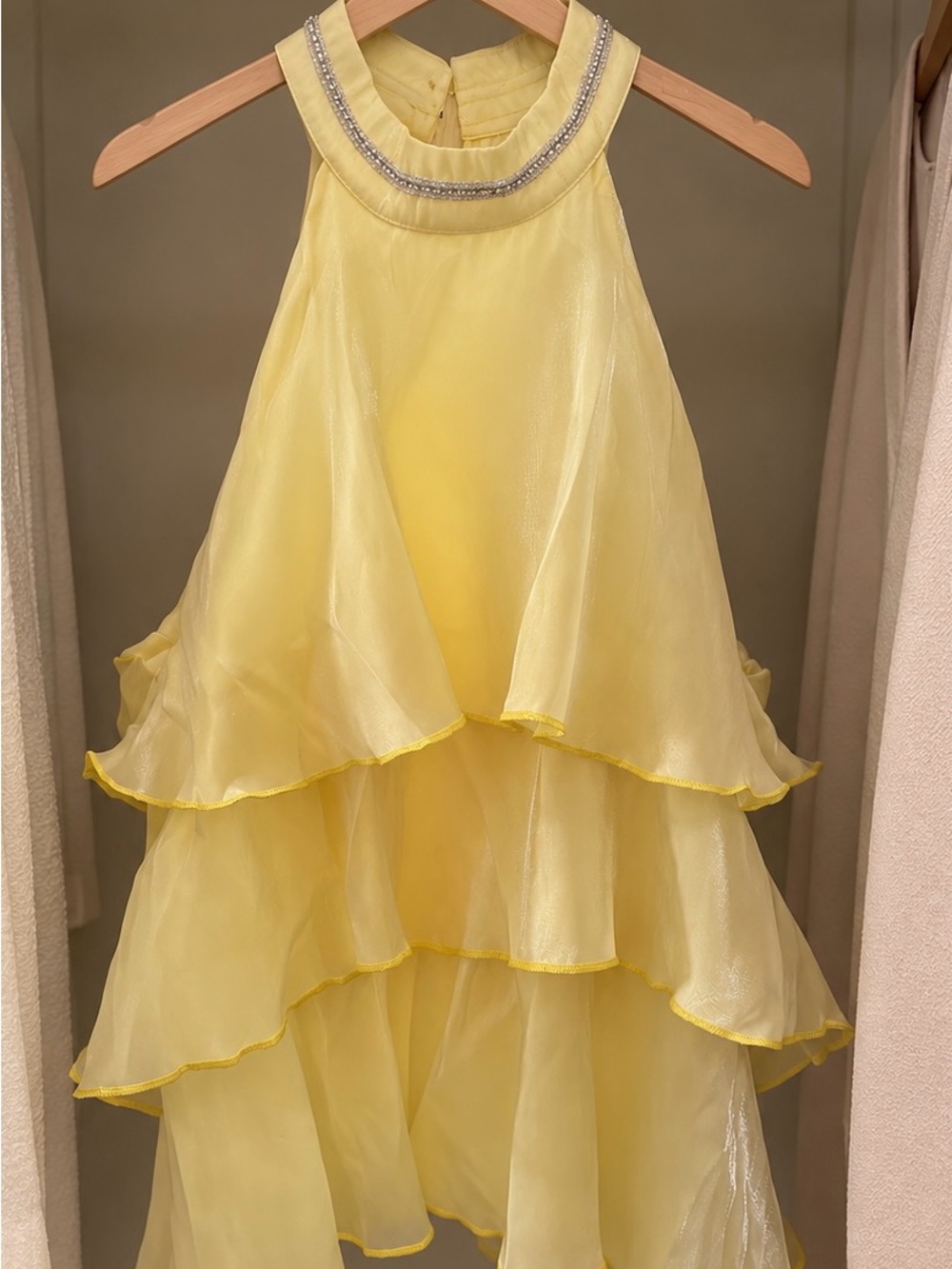 Yellow Tiered Halter Girls' Dress with Beaded Neckline